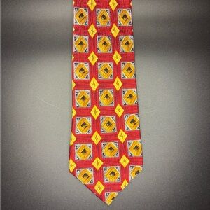 Fumagalli’s Italy Silk Tie Red Gold Gray Geometric Squares Luxury Mens Designer